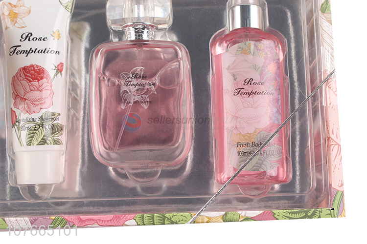 Good sale rose temptation perfume set gift perfume shower gel body mist
