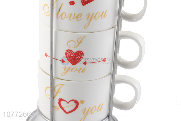 New design glaze ceramic cup set stackable heart ceramic milk cup set