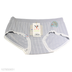 New design grey striped cotton panties with lace edge