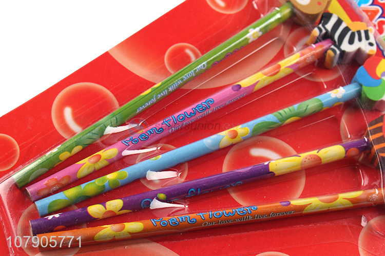 Hot Selling 5 Pieces Cartoon Erasers Pencils Students Stationery Set