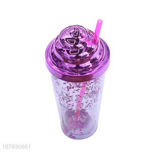 Factory supply fashionable double walls sequin water cup with straw & lid