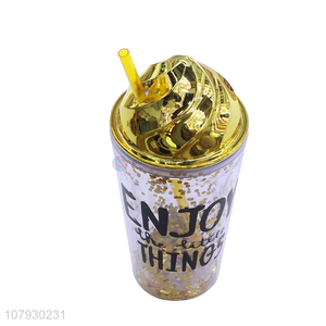 New product sequined plastic water cup tumbler with straw for girls