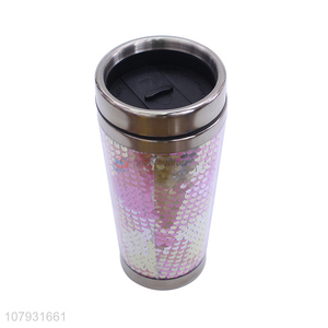 China factory double walled sequined reusable plastic coffee tumbler with lid