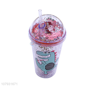 Wholesale cartoon dinosaur pattern plastic juice water coffee cup with straw