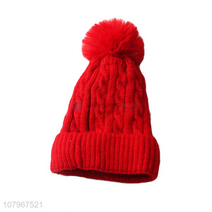 China supplier women winter hat ladies knitted beanie cap with pom pom