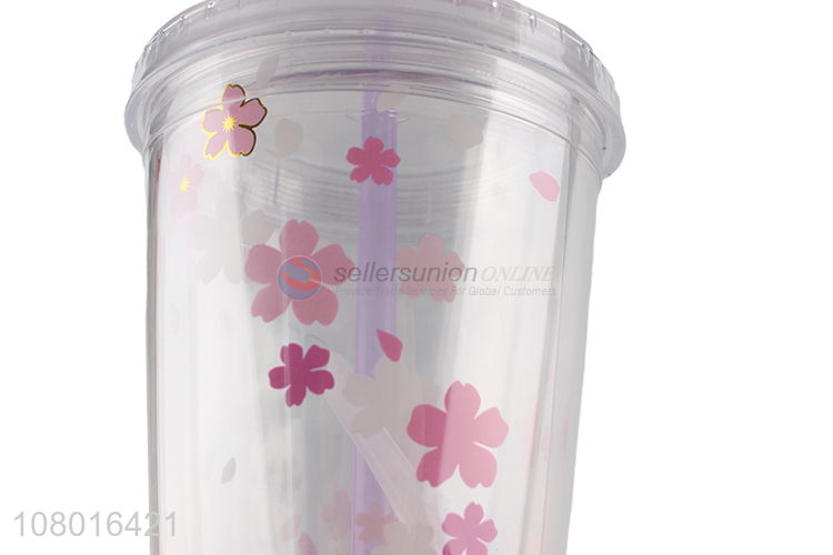 Most popular sakura pattern drinking cup plastic tumbler with straw