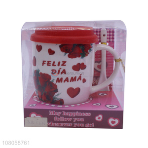 Fashion Printing Ceramic Mug With Spoon And Lid