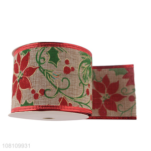 Hot selling printed polyester ribbon Christmas wired ribbon