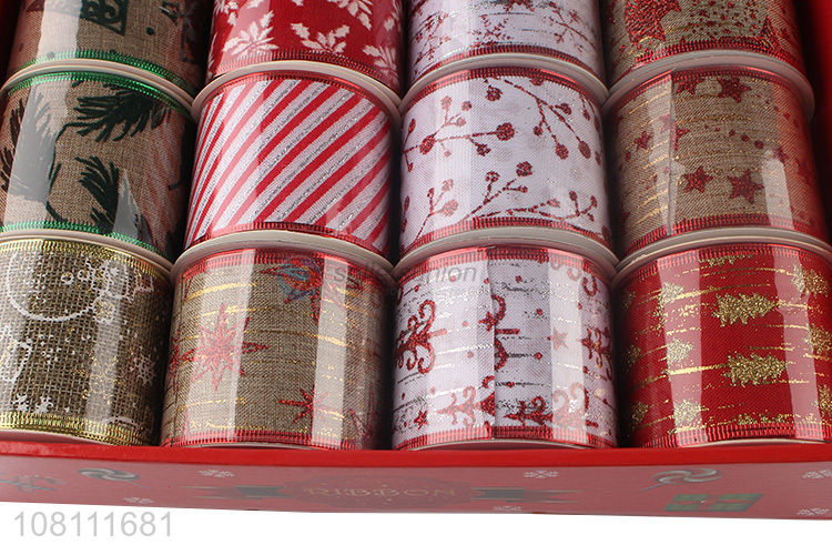 Wholesale 16 Pieces Wired Edge Christmas Ribbon Rolls Set