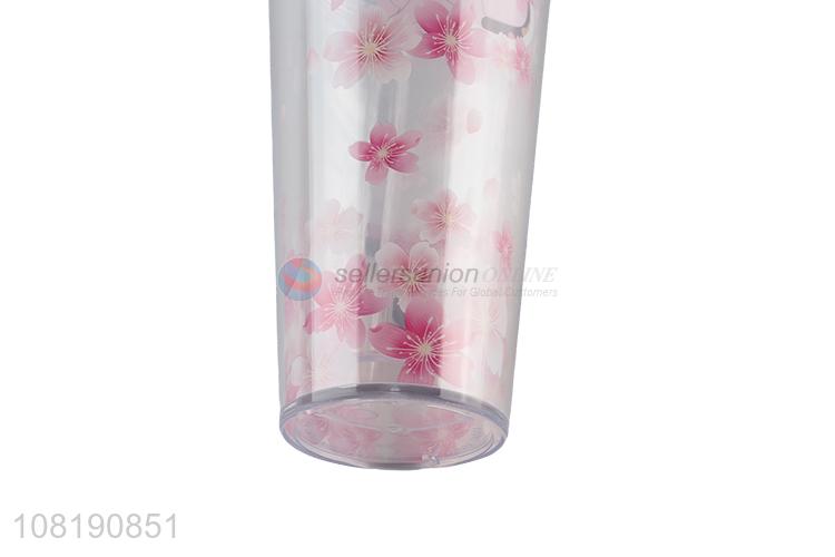 Wholesale double walled sakura water mug plastic drinking cup with straw and lid