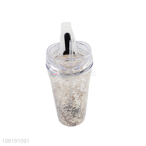 High quality double walled travel mug plastic water cup with straw and lid