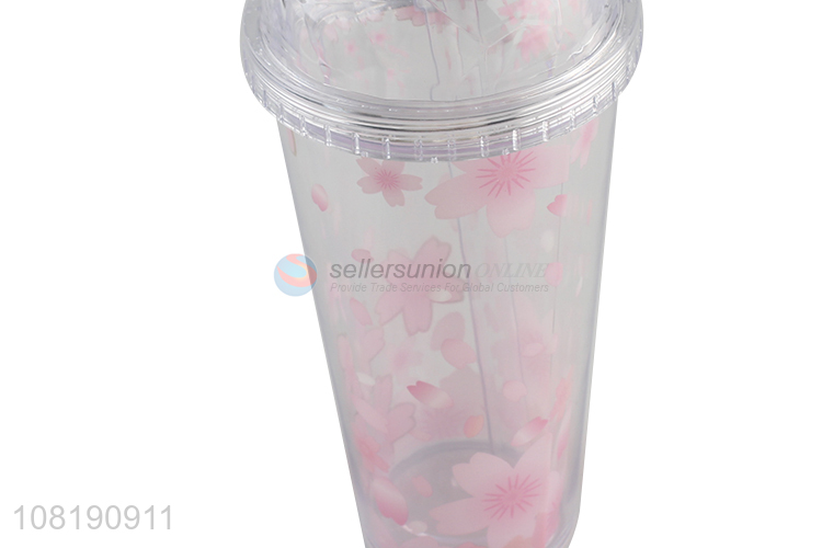 Good quality plastic water cup with lid and straw double-wall sakura tumblers