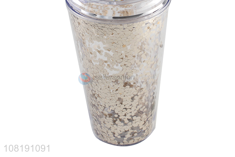 High quality double walled travel mug plastic water cup with straw and lid