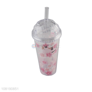 Wholesale double walled sakura water mug plastic drinking cup with straw and lid