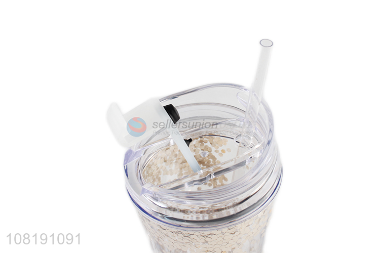 High quality double walled travel mug plastic water cup with straw and lid