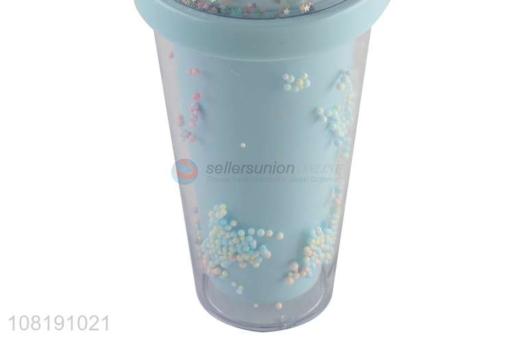 Wholesale cute double walled reusable plastic cold water cup with straw and lid