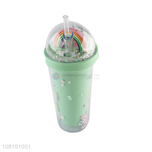 Good quality leakproof double wall plastic water cup travel mug with straw and lid