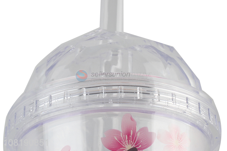 Wholesale double walled sakura water mug plastic drinking cup with straw and lid