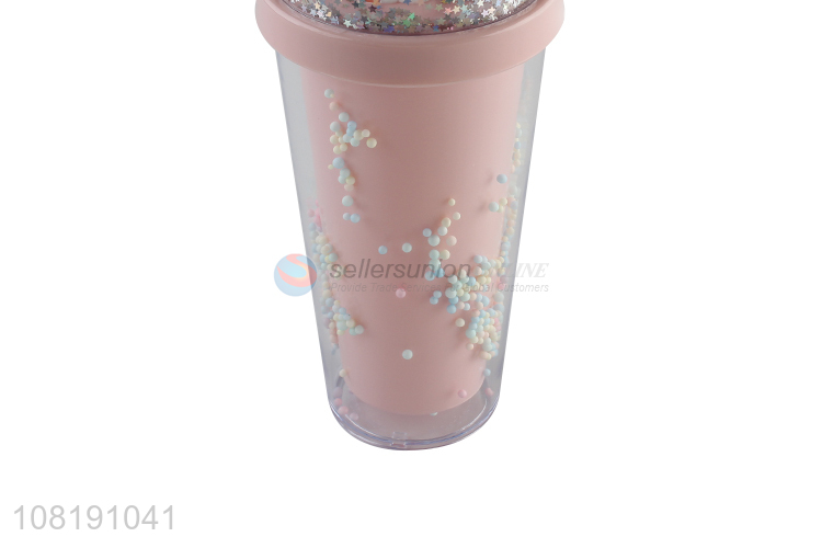 Low price double walled travel cup with straw and lid plastic cold drinks cup