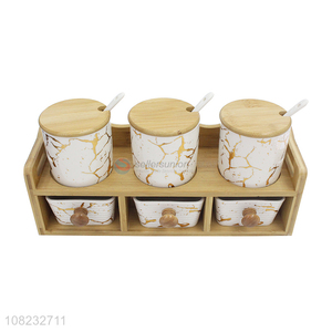 Good quality high-end European ceramic spice jar set with bamboo lid