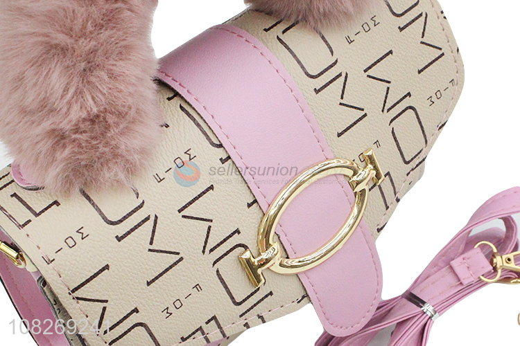 Wholesale letter printed pu leather handbag shoulder bag with plush handle