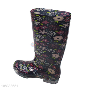 Hot selling women's knee high rain boots flower printed rain shoes