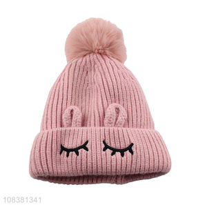 Unique Design Cute Knitted Hat Kids Beanie With Fur Ball