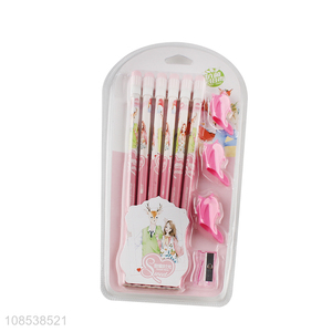 Hot selling kids students stationery wooden pencils and sharpener set