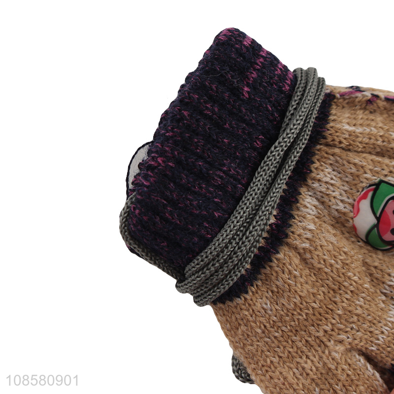 Wholesale kids outdoor winter warm knitted gloves with rope