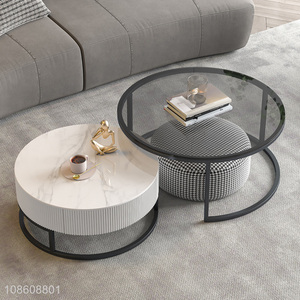 New design round metal framed tempered glass marble coffe table set