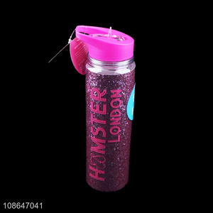 High quality BPA free plastic sequined water bottle with handle & straw