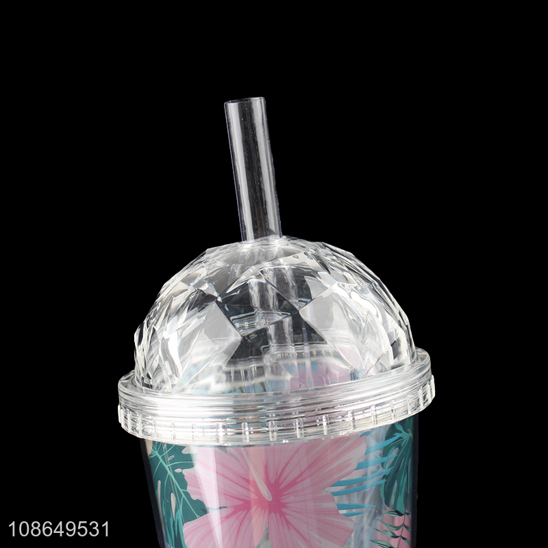 Wholesale double walls floral print plastic water cup with straw