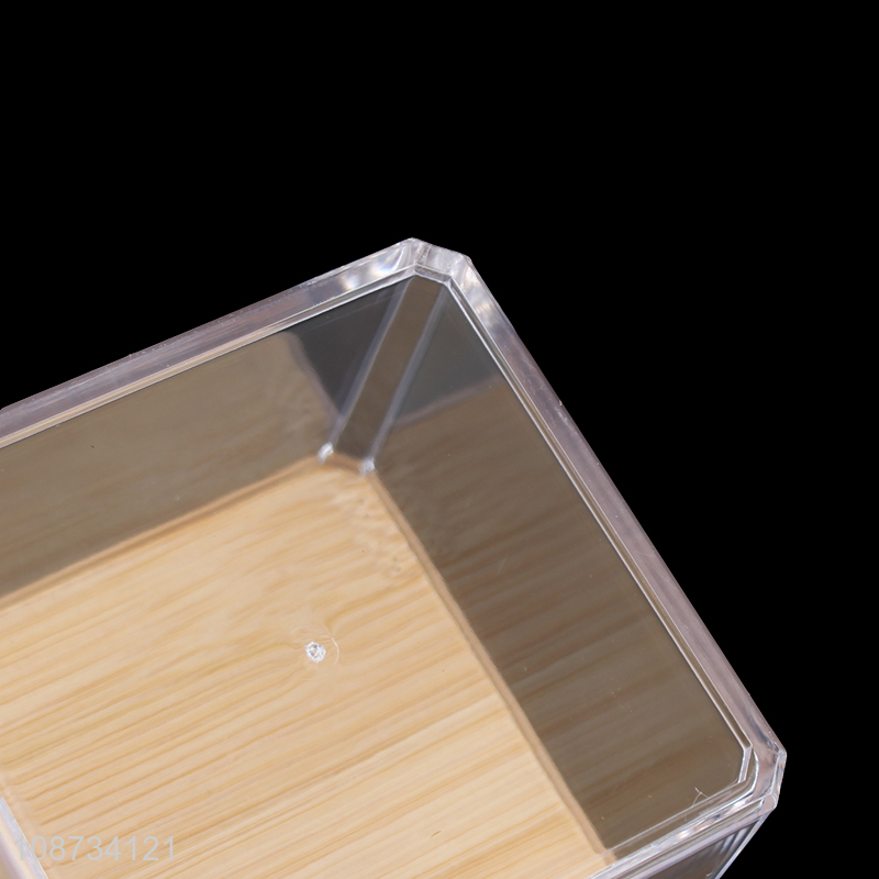 Hot products square clear cotton swab storage box with bamboo lid