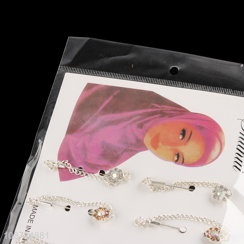 New product luxury rhinestone metal flower hijab pins with chain