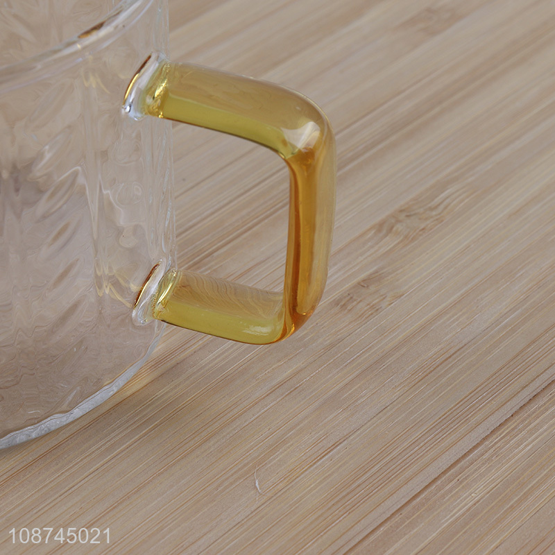 Wholesale embossed glass drinkware glass teacup coffee mug with handle