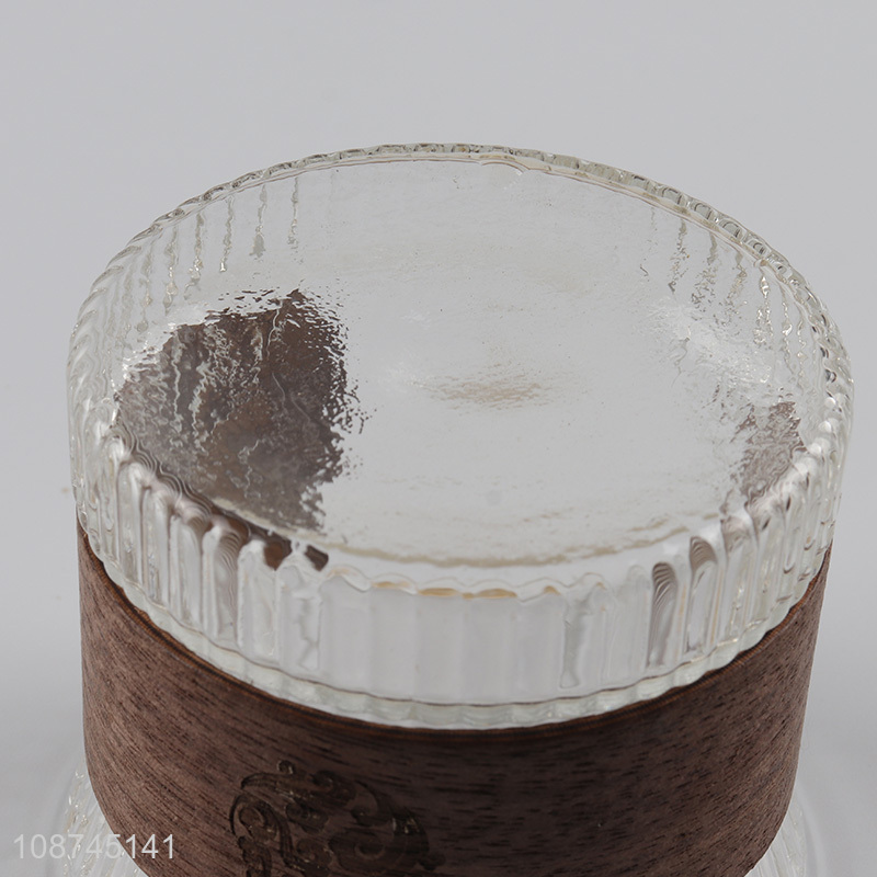 New product embossed glass coffee water mugs with wooden cup sleeve