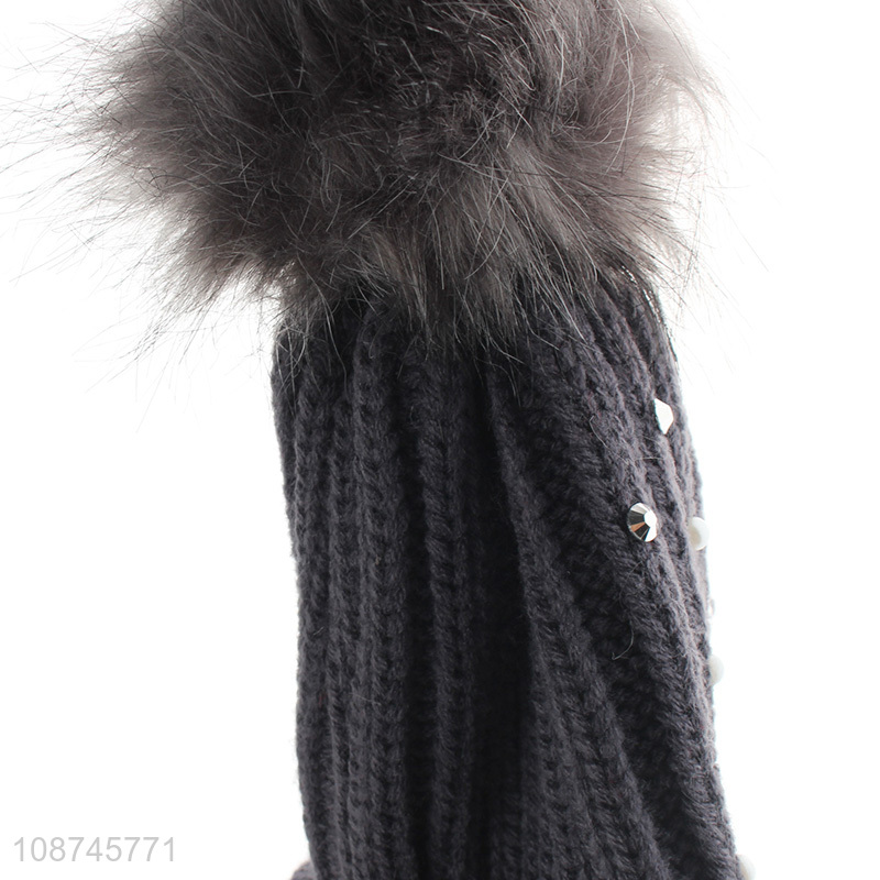 New product women slouchy winter cap pearl beanie hat with pompom