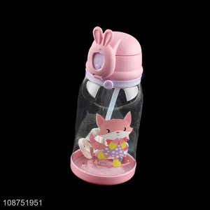 Wholesale 550ml cartoon kids water bottle with shoulder strap & straw