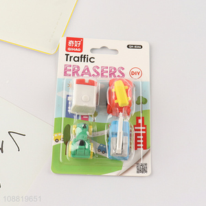 New arrival 4pcs cute cartoon traffic erasers for kids