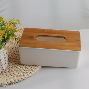Hot selling plastic tissue box napkin holder with bamboo lid