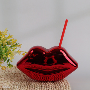 New product lip shaped electroplated plastic cup with lid & straw