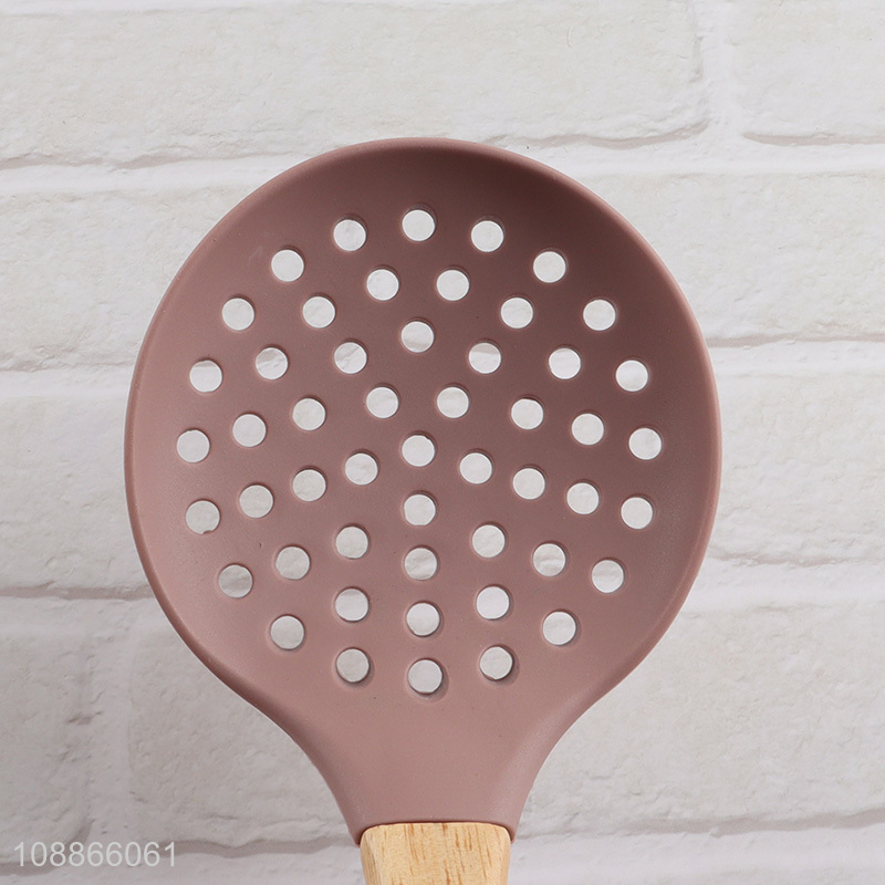 Hot selling silicone skimmer strainer slotted spoon with wooden handle