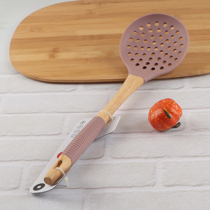 Hot selling silicone skimmer strainer slotted spoon with wooden handle