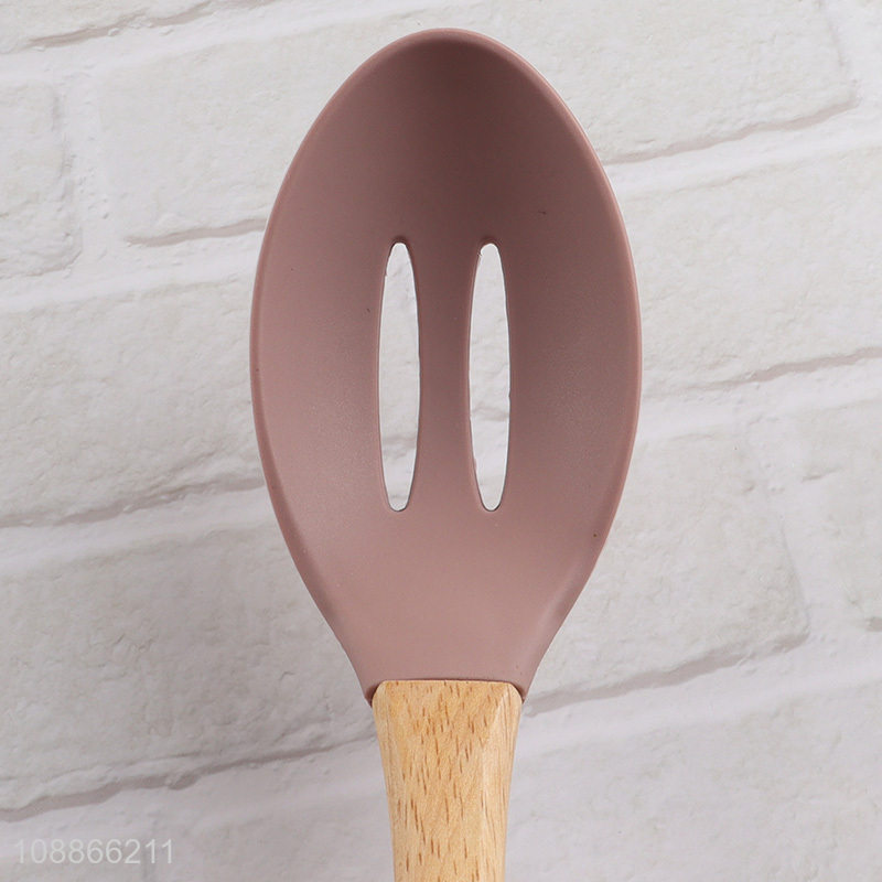 Factory price durable silicone nylon slotted ladle with long wooden handle