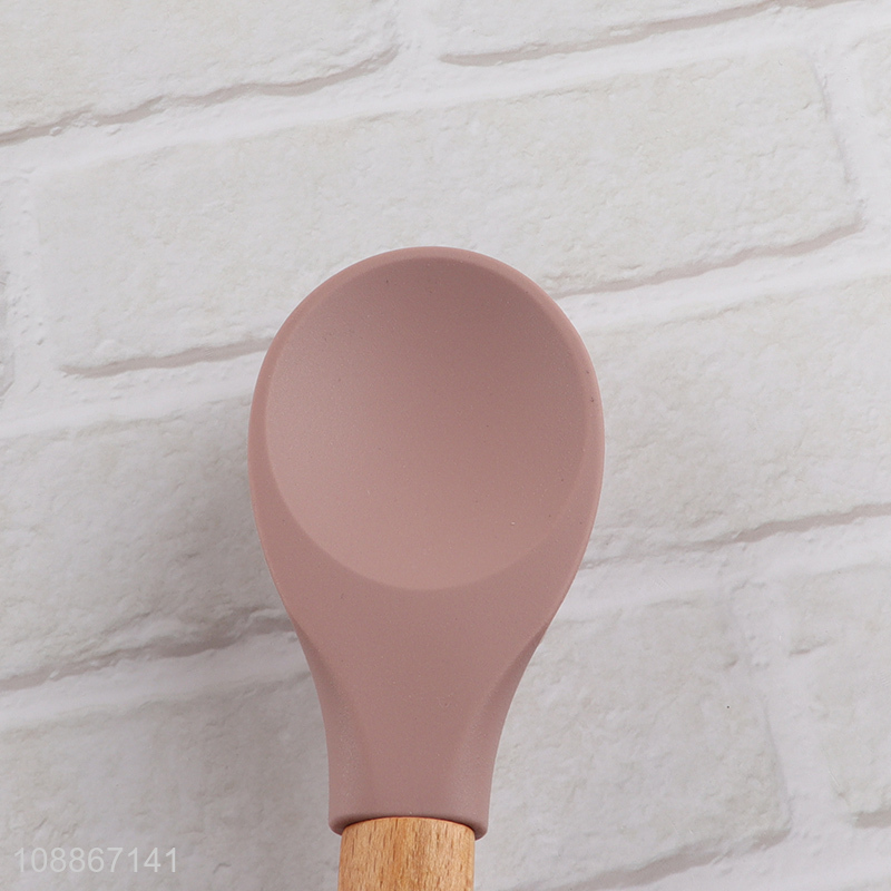 Hot selling silicone nylon kitchen cooking spoon with wooden handle