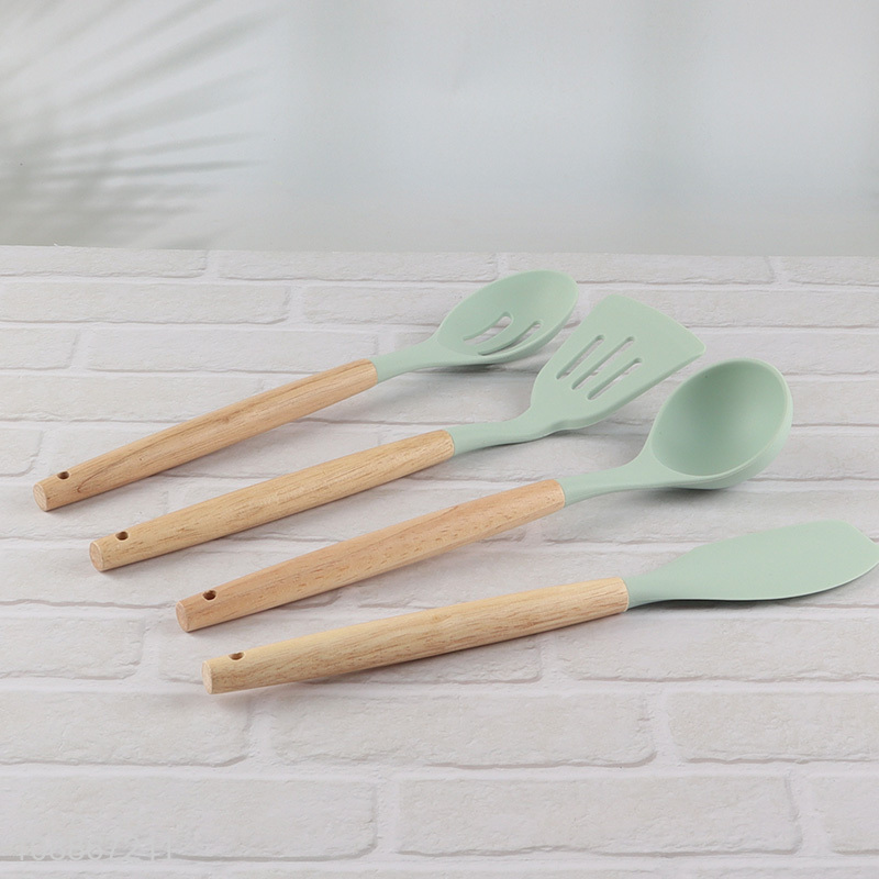Wholesale 12-piece non-stick silicone kitchen utensils set with wooden handle