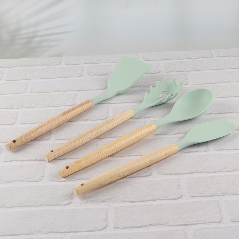Wholesale 12-piece non-stick silicone kitchen utensils set with wooden handle