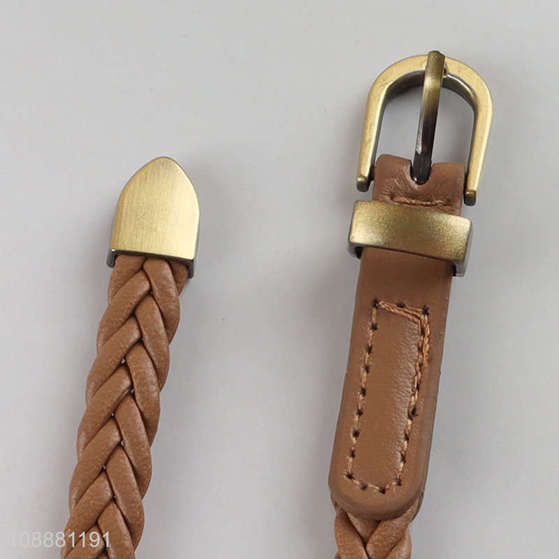 Wholesale women's belt skinny pu leather woven belt with pin buckle