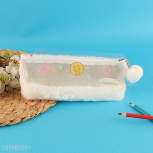 Most popular white plush students stationery pencil bag for sale