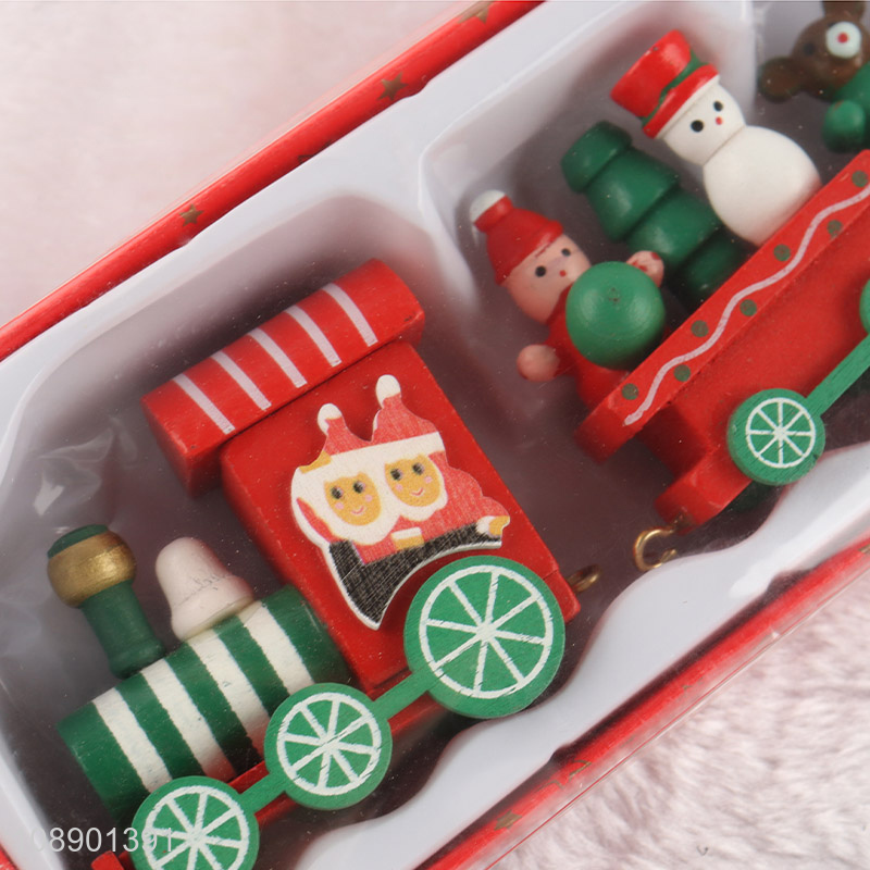 New Product Mini Wooden Christmas Train Set Painted Train Ornaments